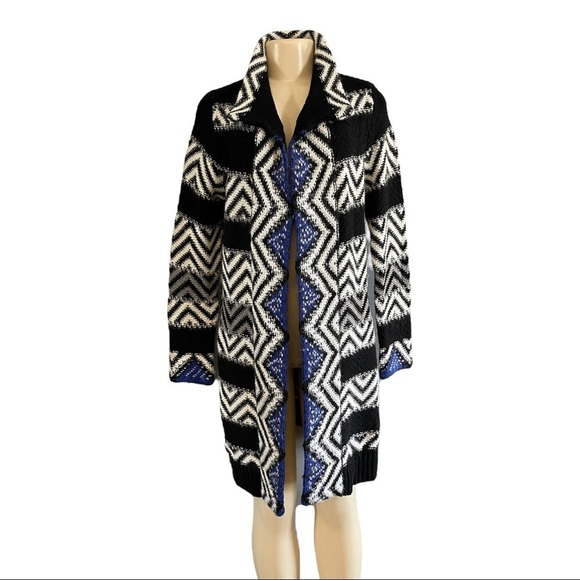 Chicos‎ Blue Chevron Knit Cardigan Sweater Black White Long Duster - Picture 1 of 6